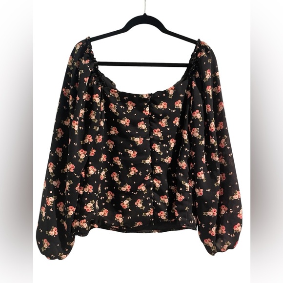 Missguided Black and Pink Floral Long Sleeve Blouse Size 10 Large - Picture 2 of 4